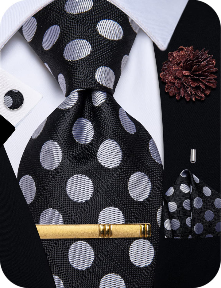 Men's Tie Black Grey Polka Dots Necktie Brooch Clip Set