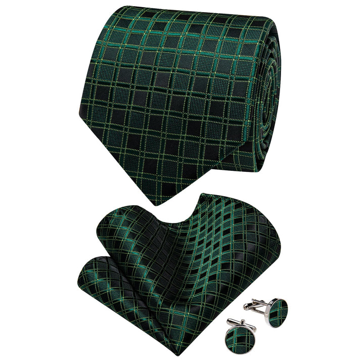  Men's Tie Deep Green Plaid Jacquard Necktie Brooch Clip Set