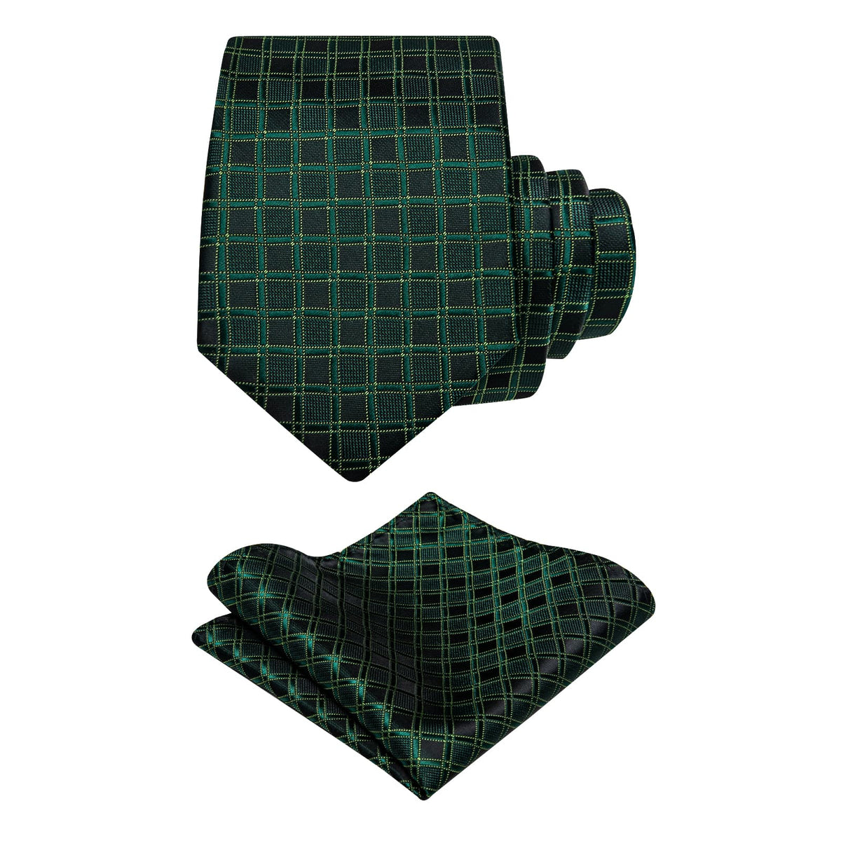  Men's Tie Deep Green Plaid Jacquard Necktie Brooch Clip Set