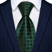 Dark Green Tie Black Plaid Necktie Handkerchief Cufflinks Set