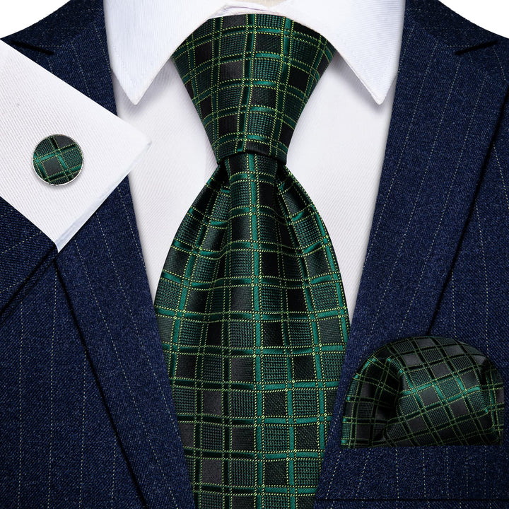 Dark Green Tie Black Plaid Necktie Handkerchief Cufflinks Set