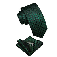  Dark Green Tie Black Plaid Necktie Handkerchief Cufflinks Set