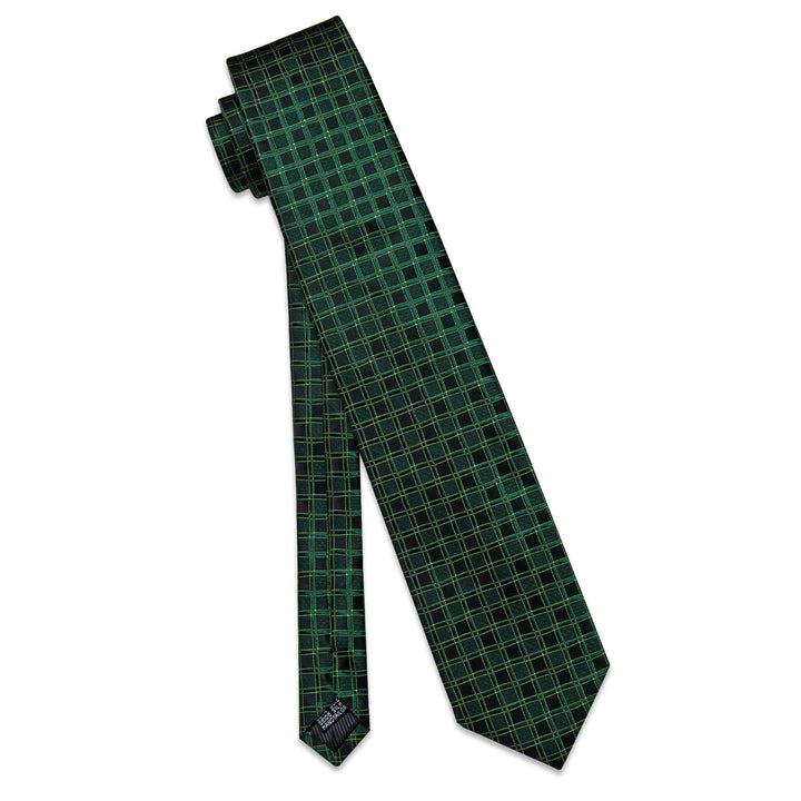  Dark Green Tie Black Plaid Necktie Handkerchief Cufflinks Set