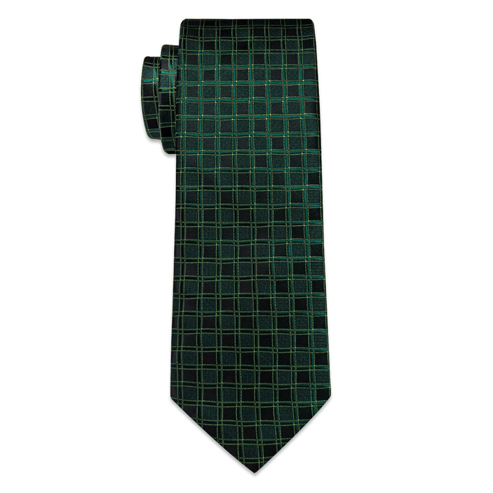  Dark Green Tie Black Plaid Necktie Handkerchief Cufflinks Set