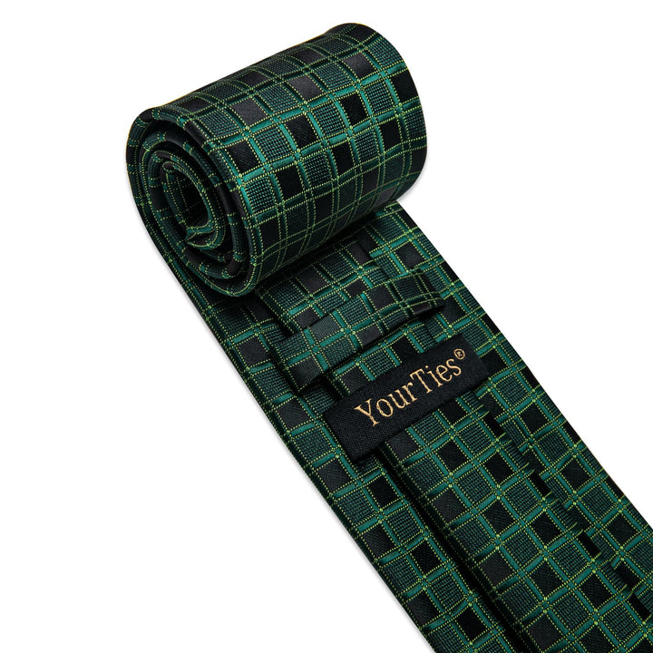  Dark Green Tie Black Plaid Necktie Handkerchief Cufflinks Set