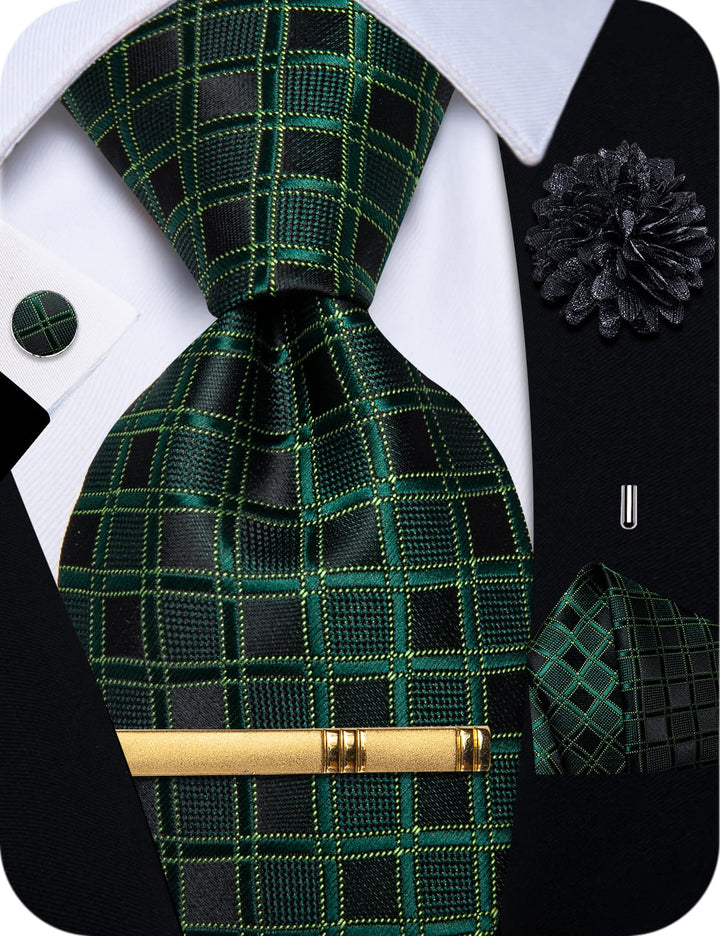 Men's Tie Deep Green Plaid Jacquard Necktie Brooch Clip Set