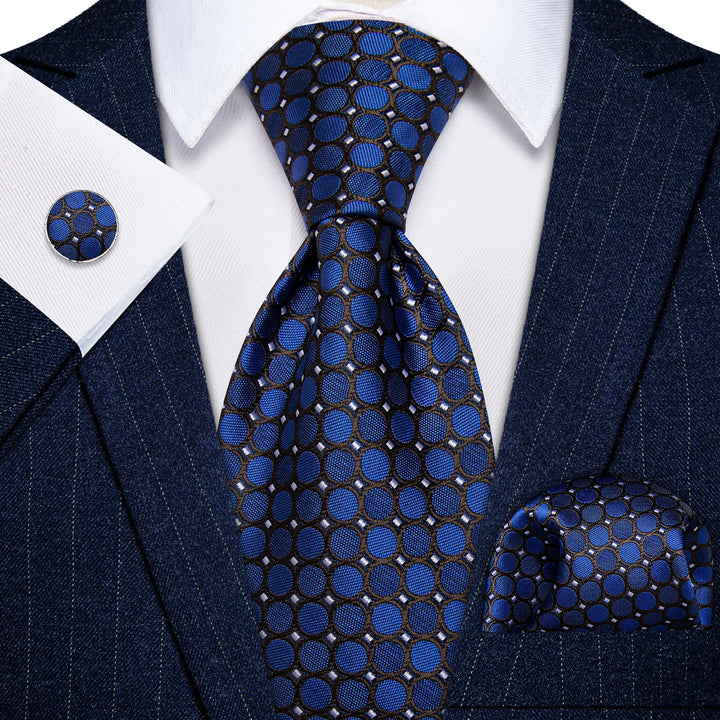 Blue Dots Black White Jacquard Necktie Hanky Cufflinks Set