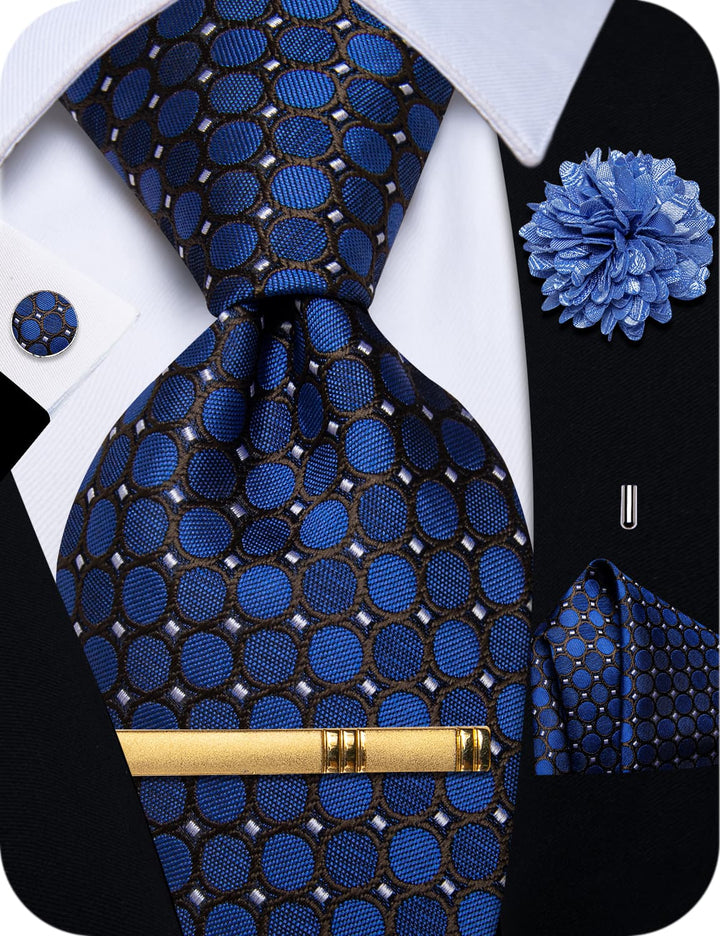 Deep Blue Black Men's NeckTie Flower Brooch Set with Clip