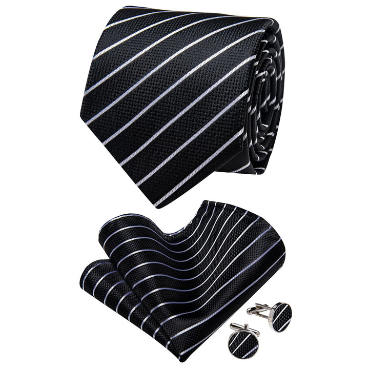  Black White Stripes Men's NeckTie Flower Brooch Set with Clip