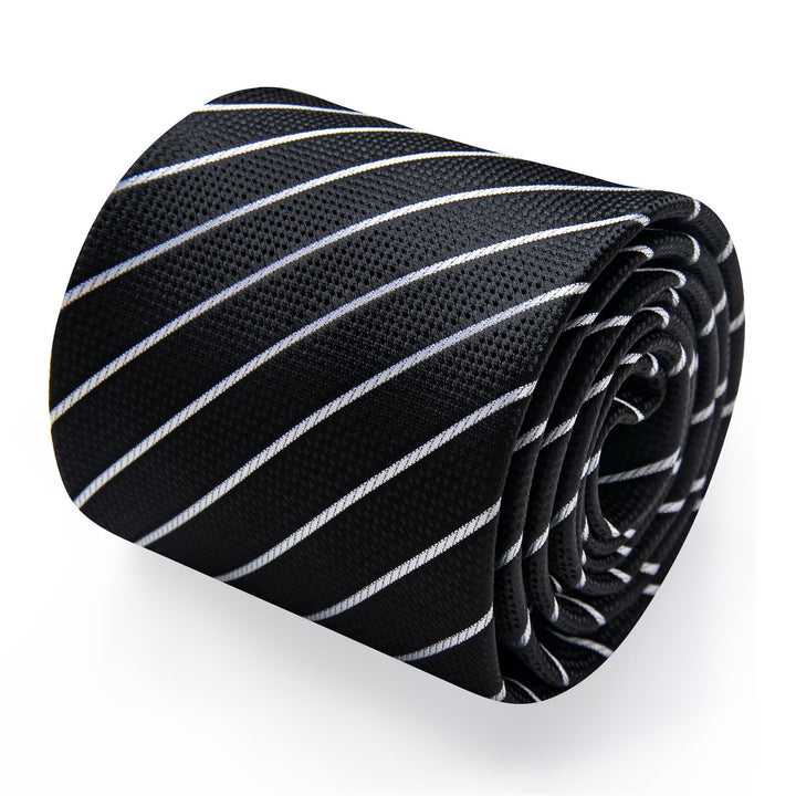  Black White Stripes Men's NeckTie Flower Brooch Set with Clip