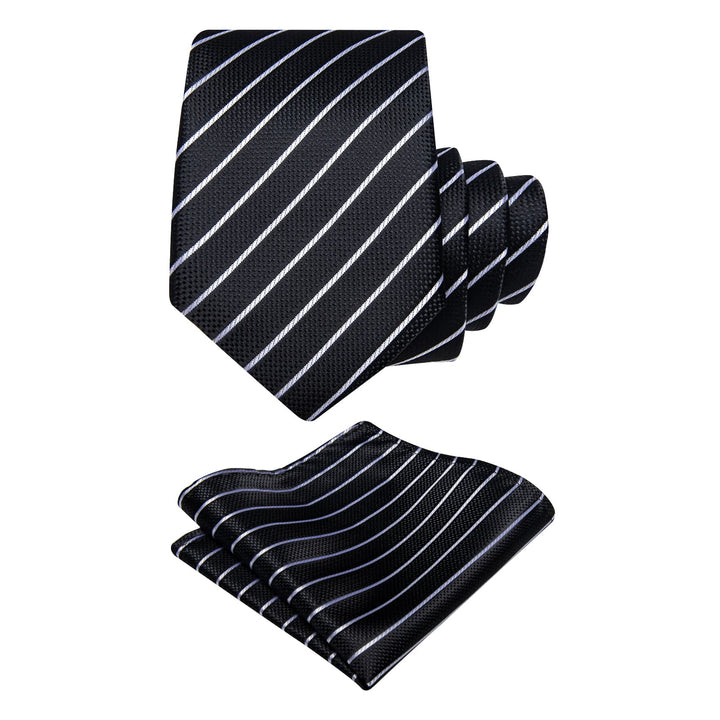  Black White Stripes Men's NeckTie Flower Brooch Set with Clip