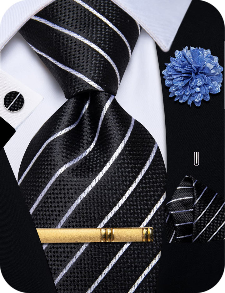 Black White Stripes Men's NeckTie Flower Brooch Set with Clip