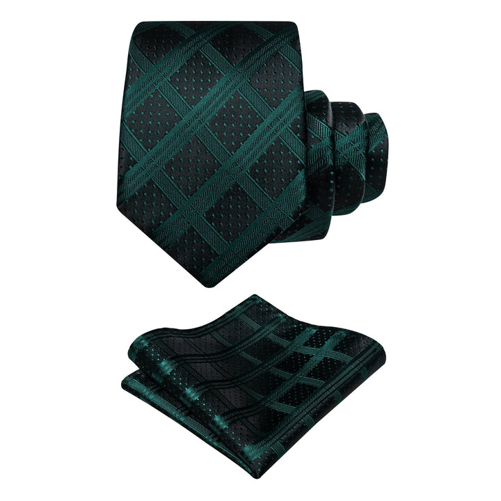 Black Green Plaid Men's NeckTie Flower Brooch Set with Clip