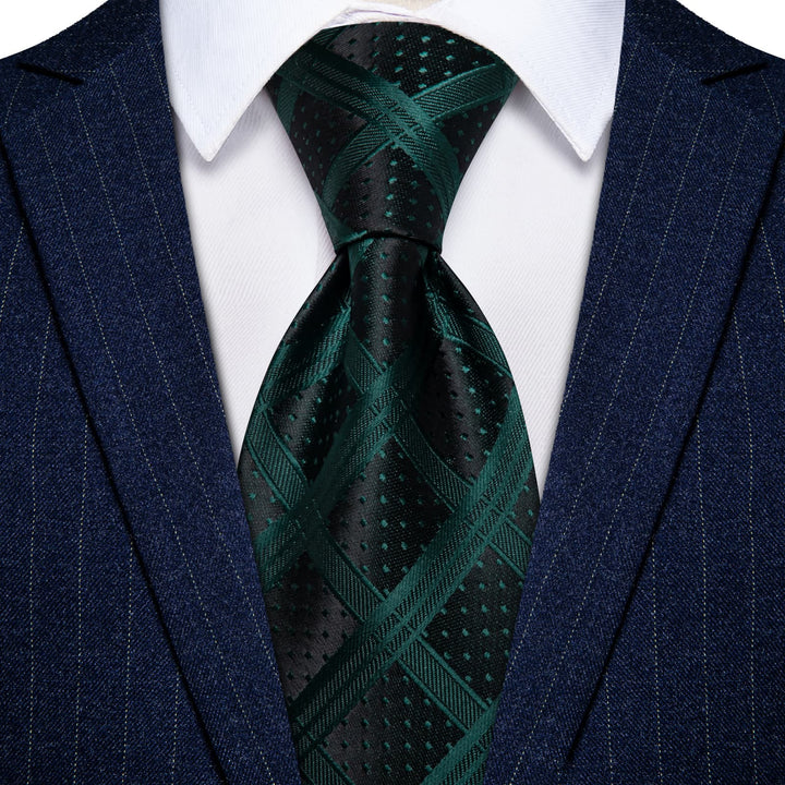 Necktie Black Dark Green Checkered Tie Hanky Cufflinks Set