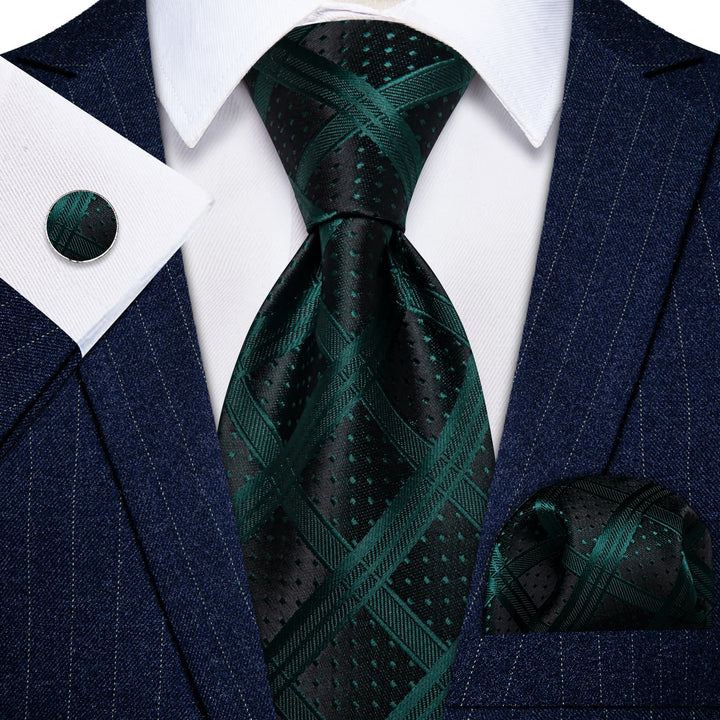 Necktie Black Dark Green Checkered Tie Hanky Cufflinks Set