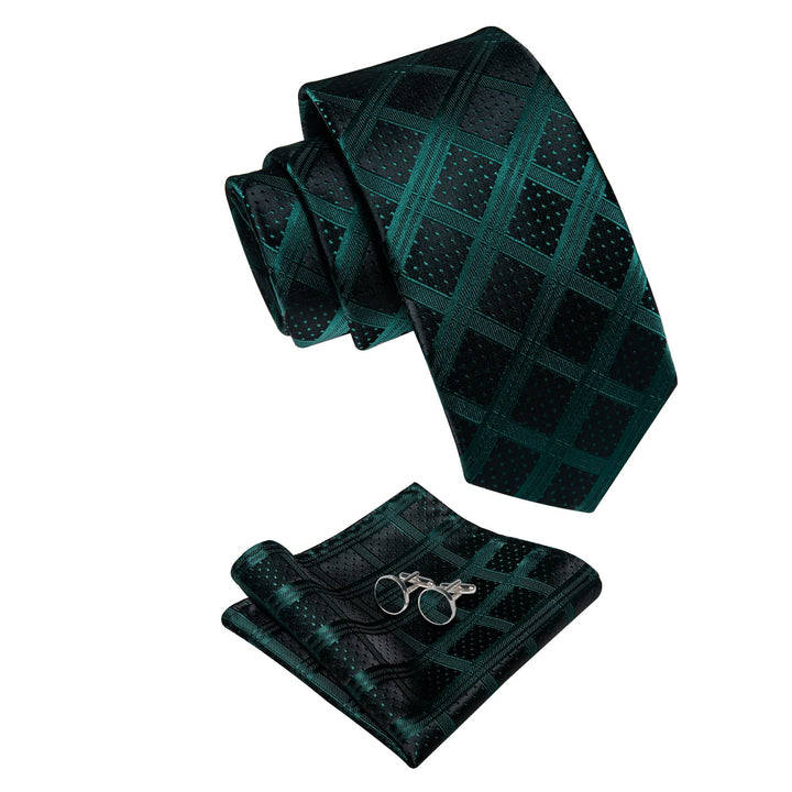  Necktie Black Dark Green Checkered Tie Hanky Cufflinks Set