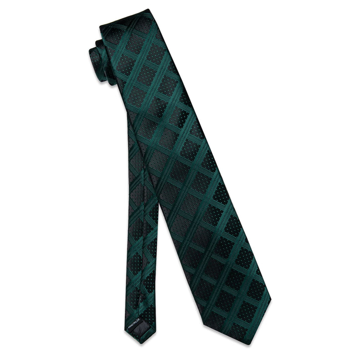  Necktie Black Dark Green Checkered Tie Hanky Cufflinks Set