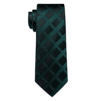  Necktie Black Dark Green Checkered Tie Hanky Cufflinks Set