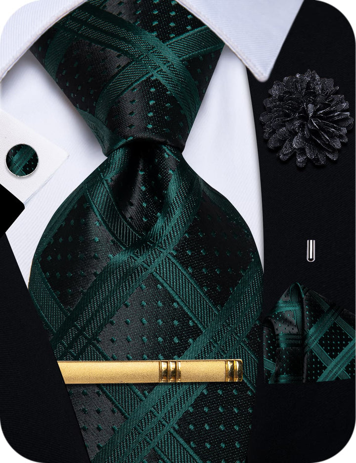 Black Green Plaid Men's NeckTie Flower Brooch Set with Clip