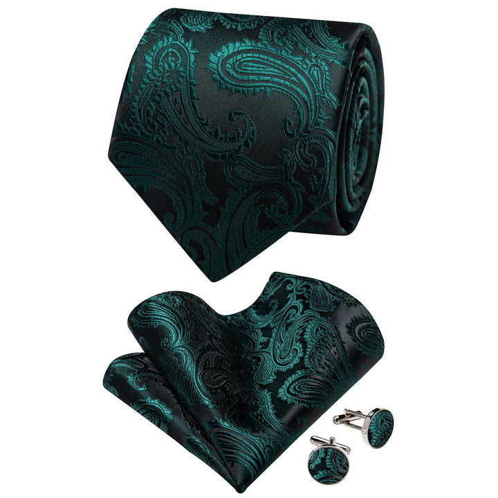 Black Green Paisley Men's NeckTie Flower Brooch Set with Clip