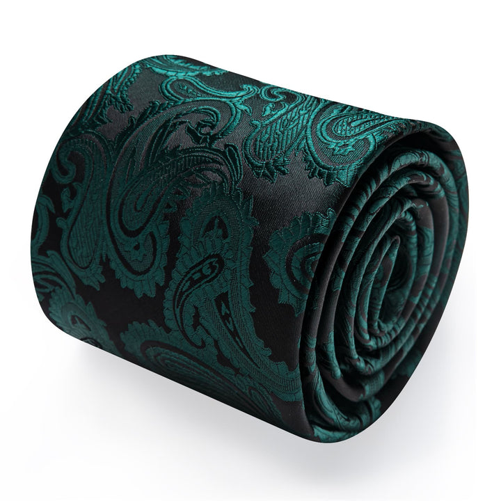 Black Green Paisley Men's NeckTie Flower Brooch Set with Clip