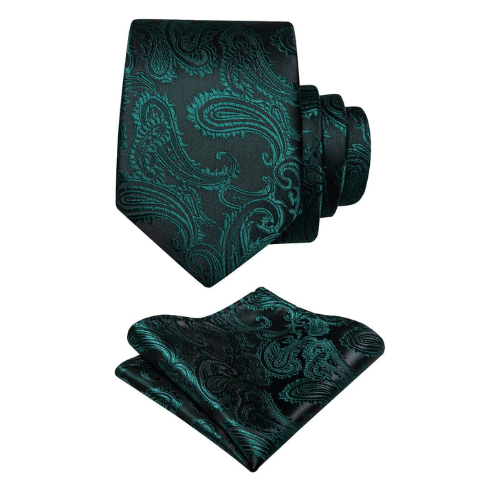 Black Green Paisley Men's NeckTie Flower Brooch Set with Clip