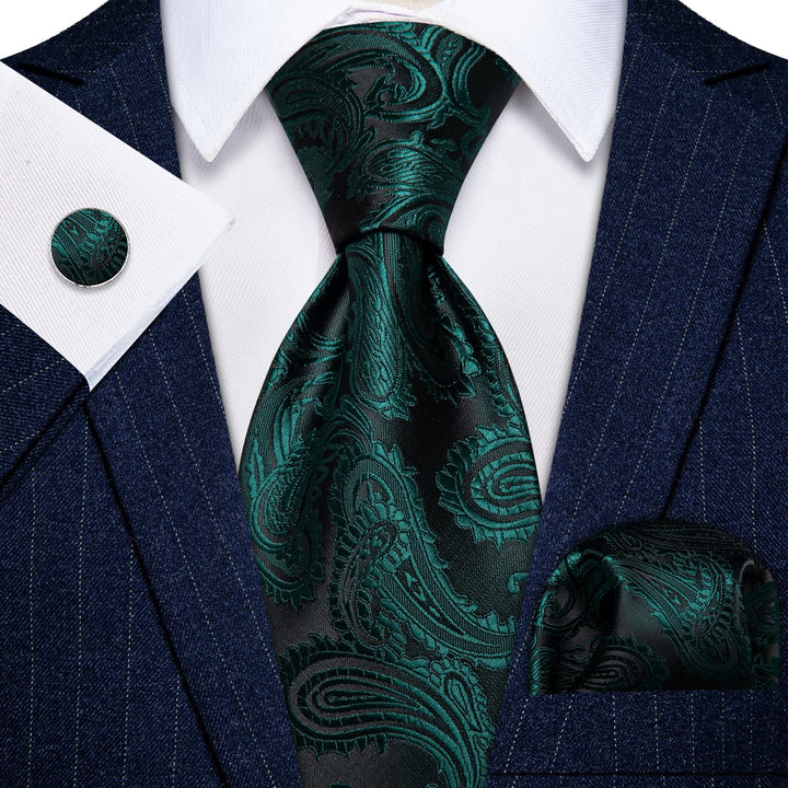  Olive Drab Necktie Deep Green Paisley Tie Hanky Cufflinks Set