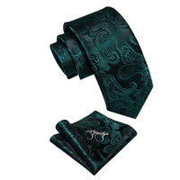 Olive Drab Necktie Deep Green Paisley Tie Hanky Cufflinks Set