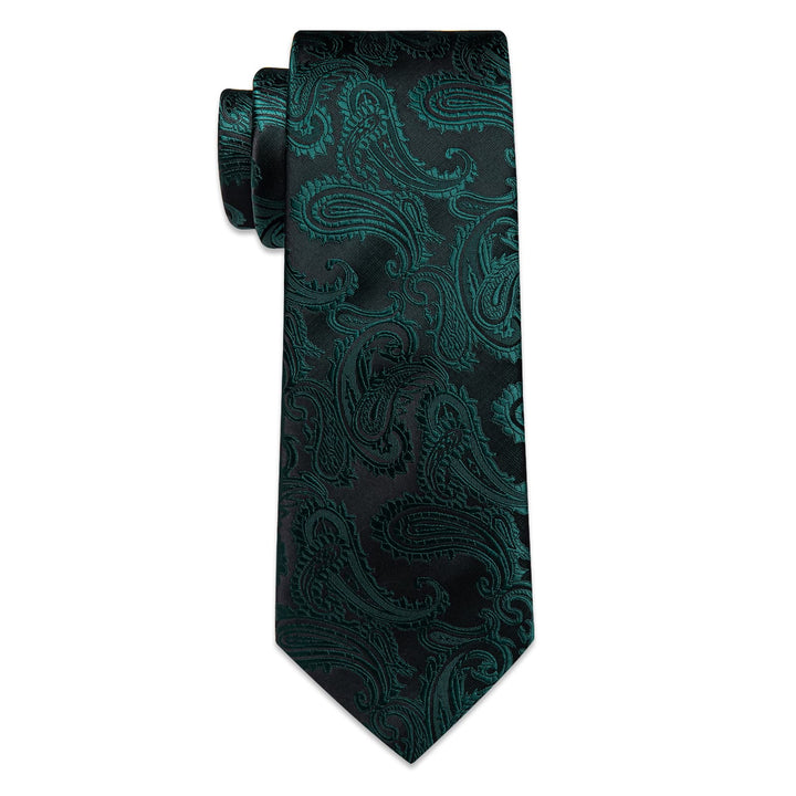 Olive Drab Necktie Deep Green Paisley Tie Hanky Cufflinks Set