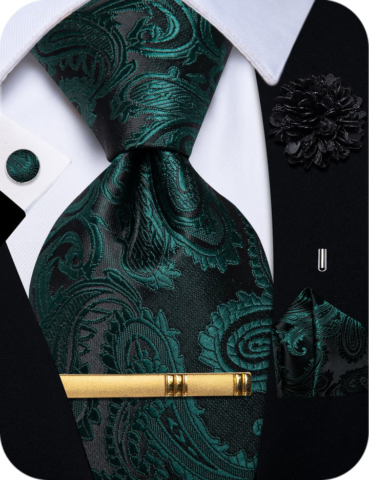  Black Green Paisley Men's NeckTie Flower Brooch Set with Clip