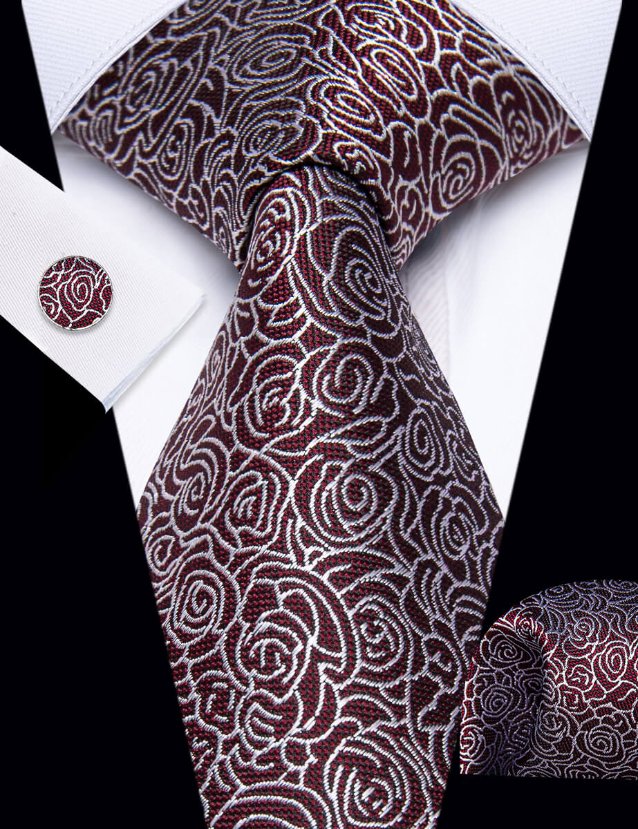 YourTies Burgundy Necktie White Roses Floral Tie Hanky Cufflinks Set