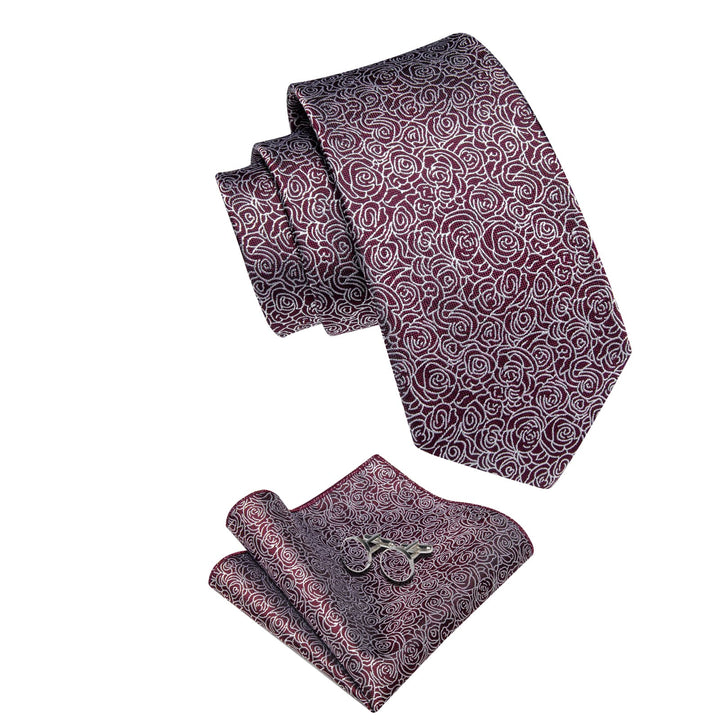 Burgundy Necktie White Roses Floral Tie Hanky Cufflinks Set