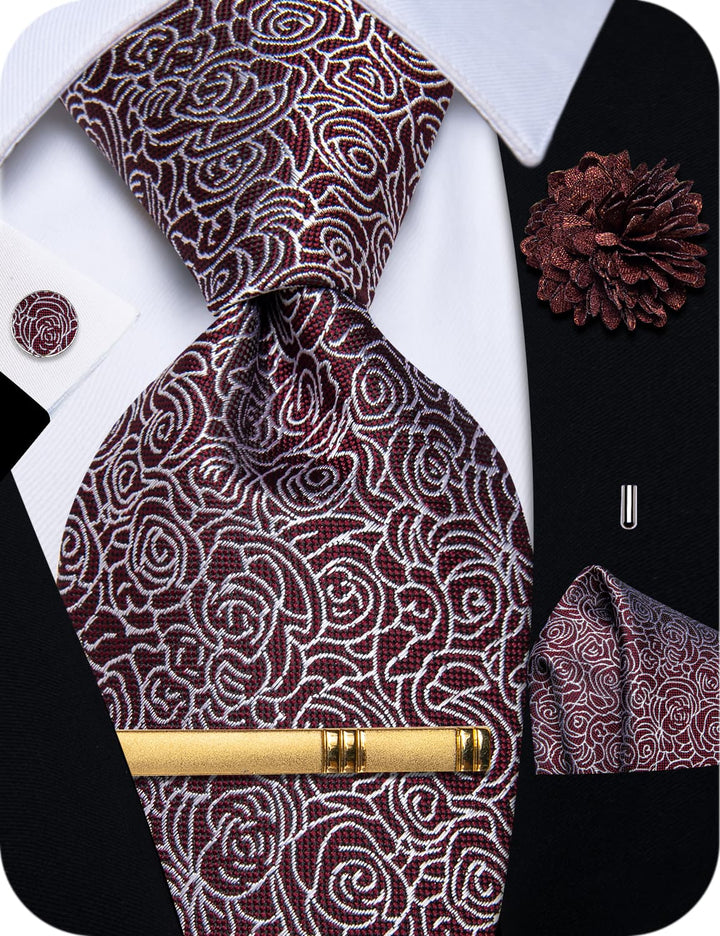 Burgundy Tie Floral Men's NeckTie Flower Brooch Set with Clip