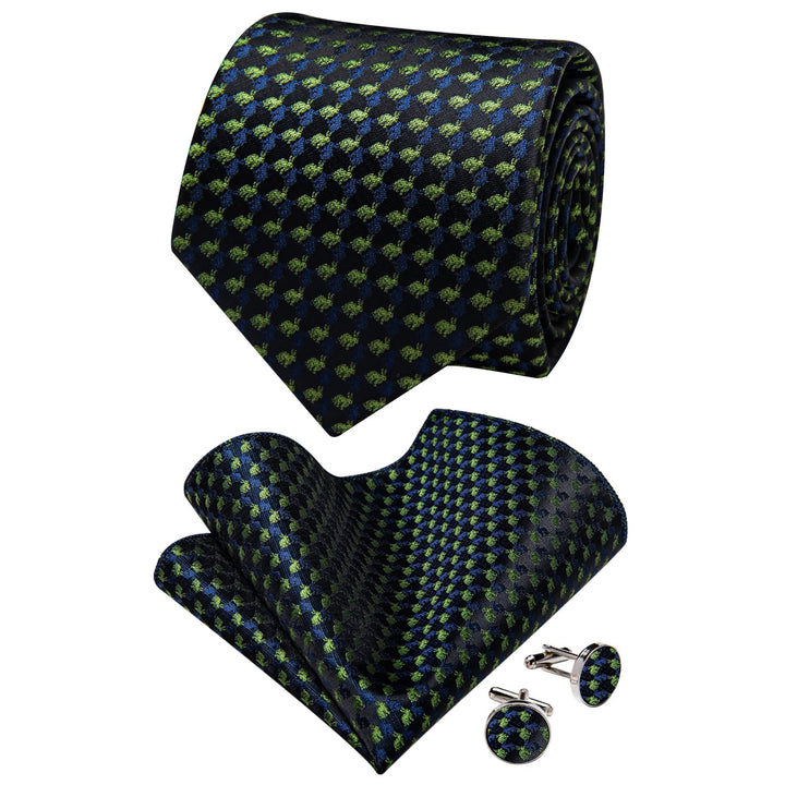  Black Green Blue Tie Mens NeckTie Flower Brooch Set with Clip