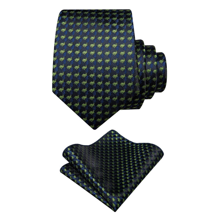  Black Green Blue Tie Mens NeckTie Flower Brooch Set with Clip