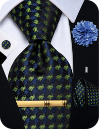 Black Green Blue Tie Mens NeckTie Flower Brooch Set with Clip