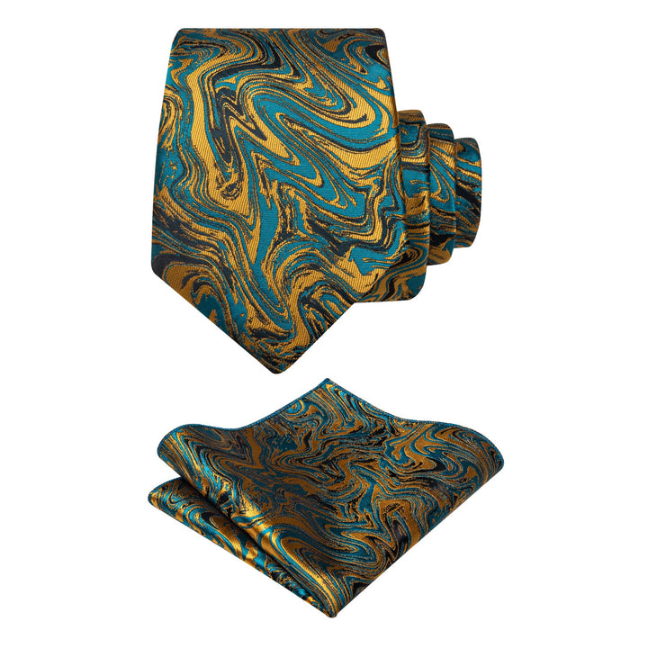 Teal Golden Tie Mens NeckTie Flower Brooch Set with Clip