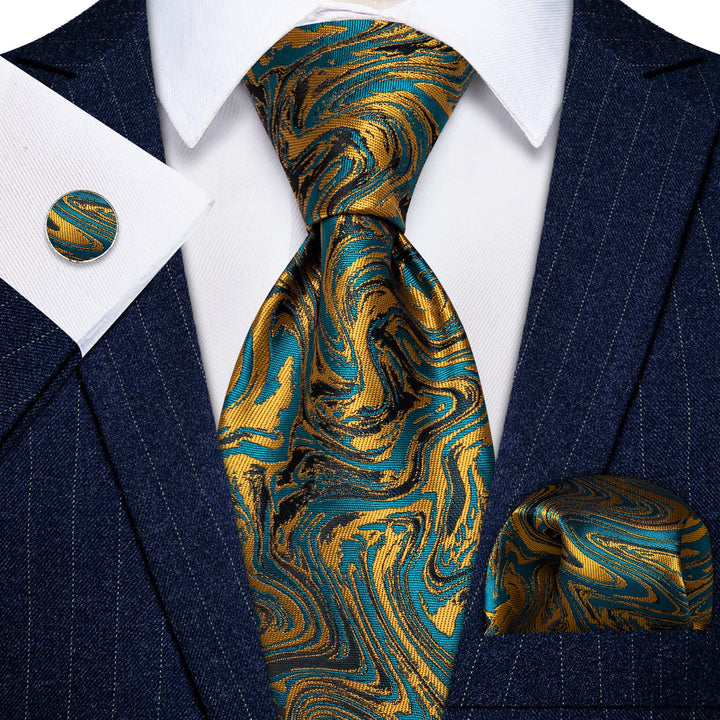 Teal Blue Gold Necktie Novelty Jacquard Men's Dinner Tie Set