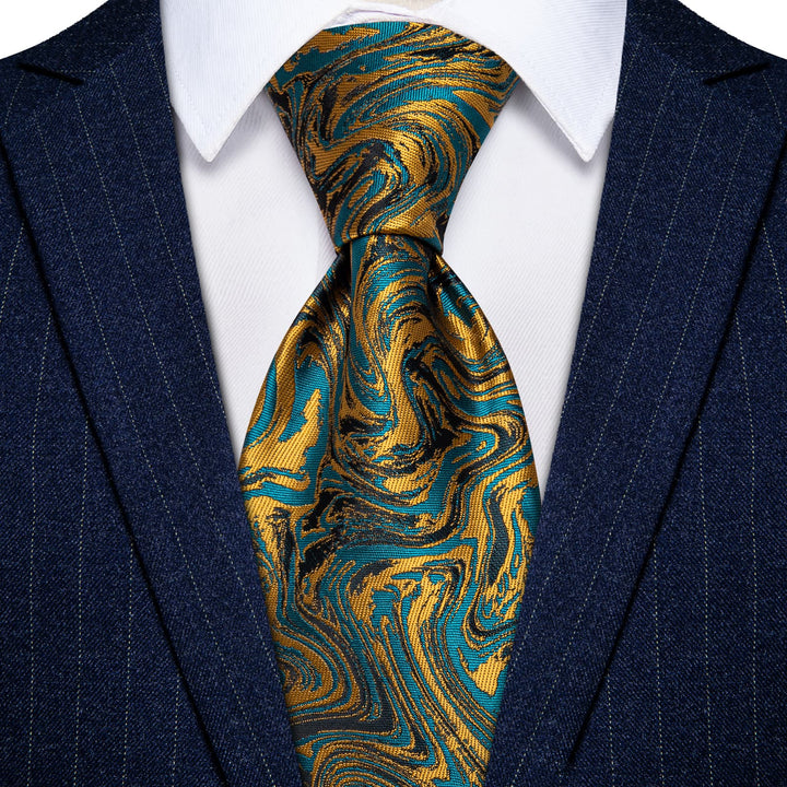 Teal Blue Gold Necktie Novelty Jacquard Men's Dinner Tie Set