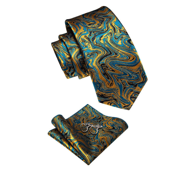  Teal Blue Gold Necktie Novelty Jacquard Men's Dinner Tie Set