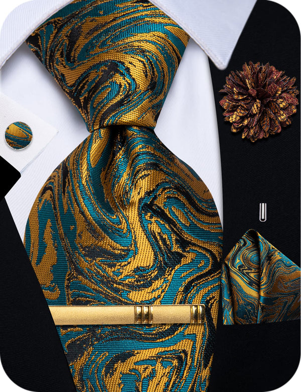Teal Golden Tie Mens NeckTie Flower Brooch Set with Clip