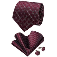 Burgundy Plaid Tie Mens NeckTie Flower Brooch Set with Clip