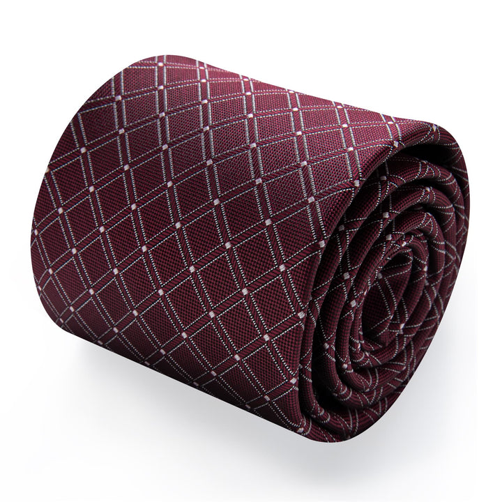 Burgundy Plaid Tie Mens NeckTie Flower Brooch Set with Clip