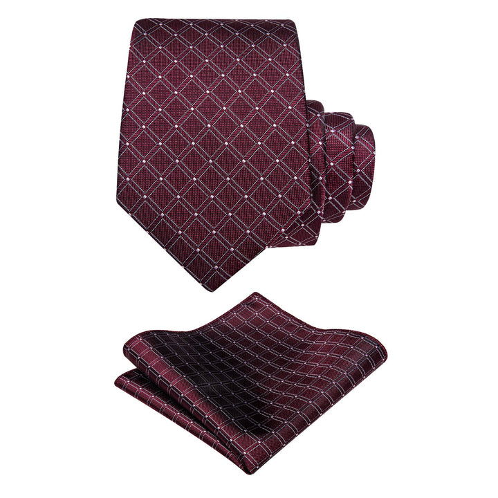 Burgundy Plaid Tie Mens NeckTie Flower Brooch Set with Clip