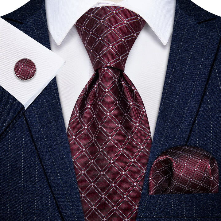  Burgundy Red Tie White Lines Plaid Jacquard Mens Necktie Set