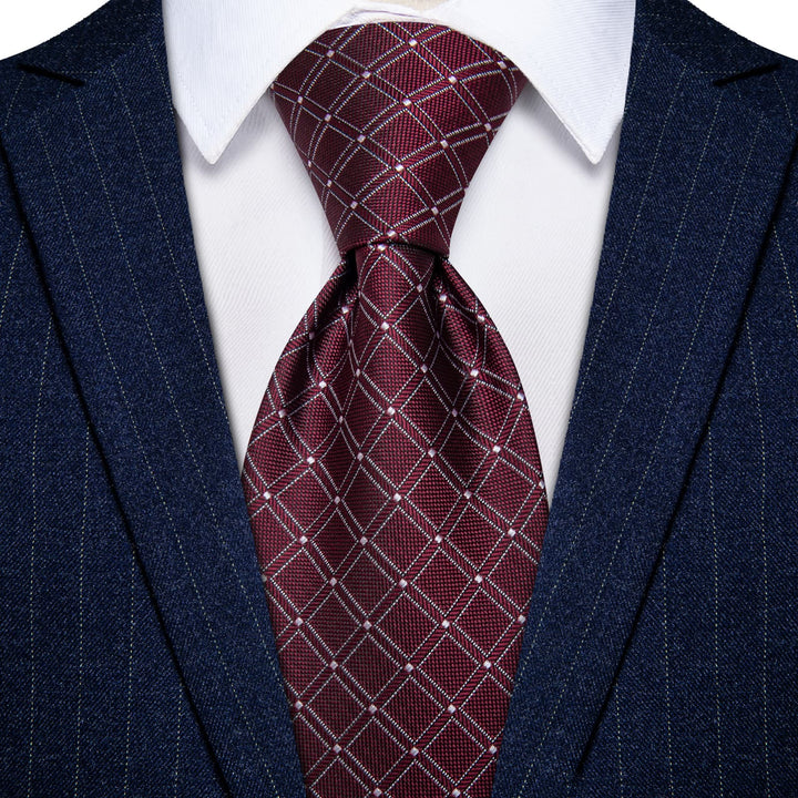  Burgundy Red Tie White Lines Plaid Jacquard Mens Necktie Set