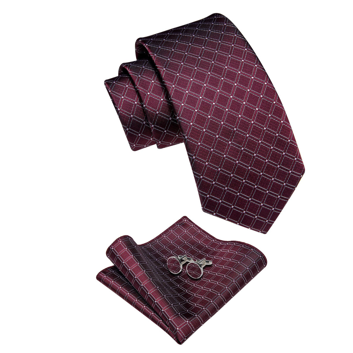  Burgundy Red Tie White Lines Plaid Jacquard Mens Necktie Set