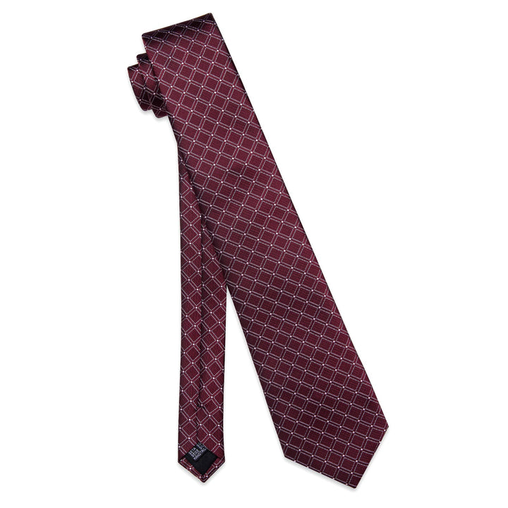  Burgundy Red Tie White Lines Plaid Jacquard Mens Necktie Set