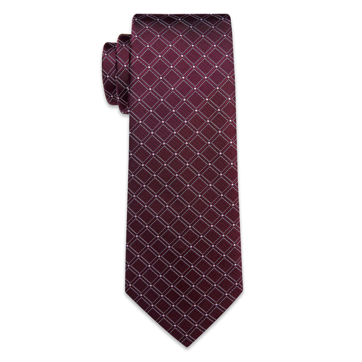  Burgundy Red Tie White Lines Plaid Jacquard Mens Necktie Set