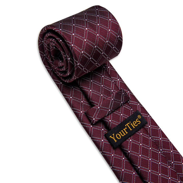  Burgundy Red Tie White Lines Plaid Jacquard Mens Necktie Set